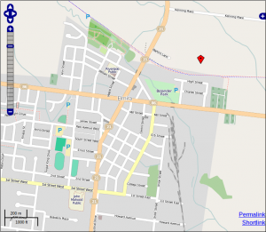 OpenStreetMap showing a red marker for the location of the proposed Elmira Biowaste Plant